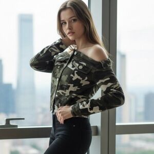 American Bazi Camo Off-Shoulder Jean Jacket - Green, White, Black